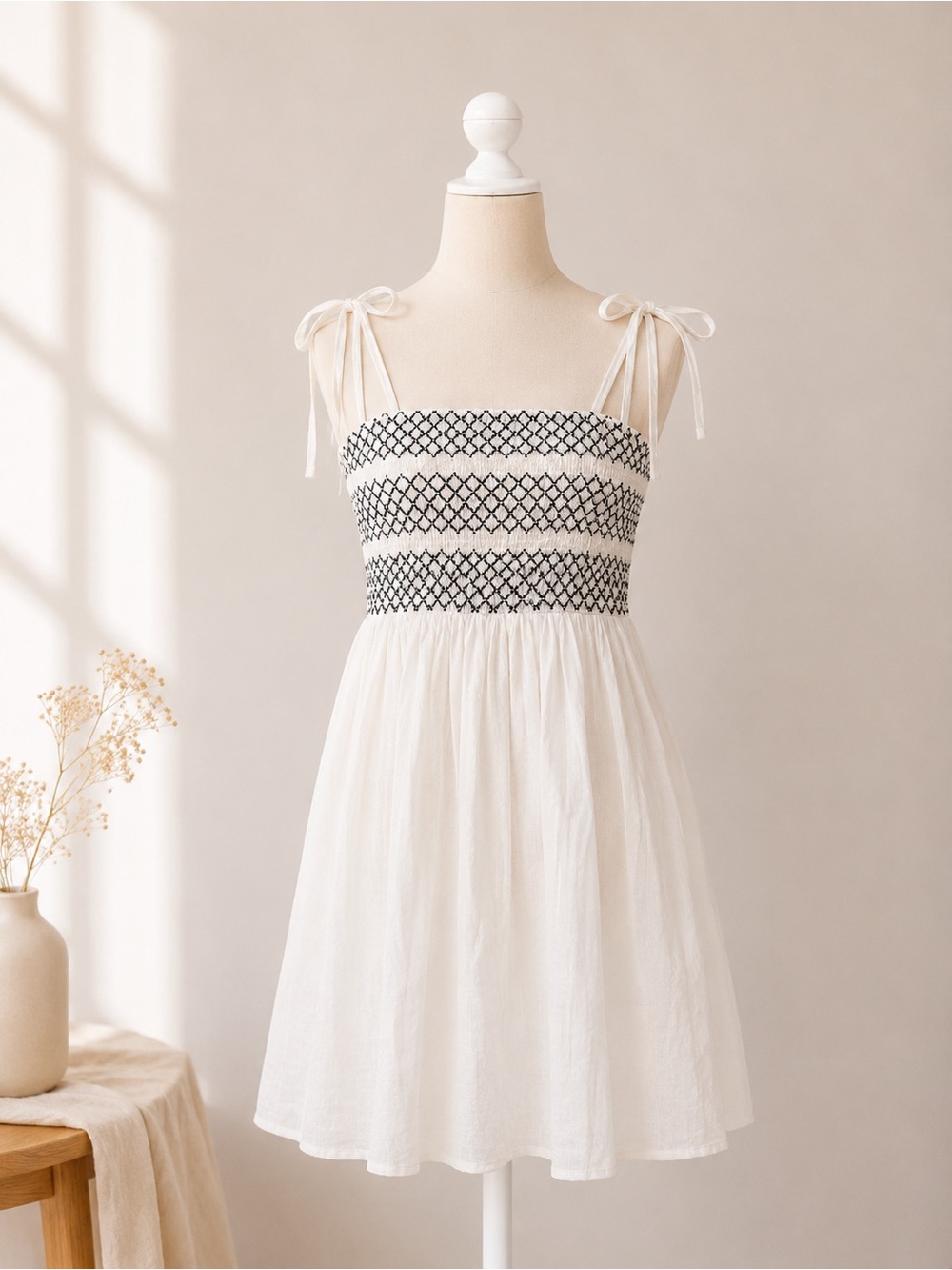 Madden Girl White Mini Dress with Black Smocked Bodice Size M NWTs